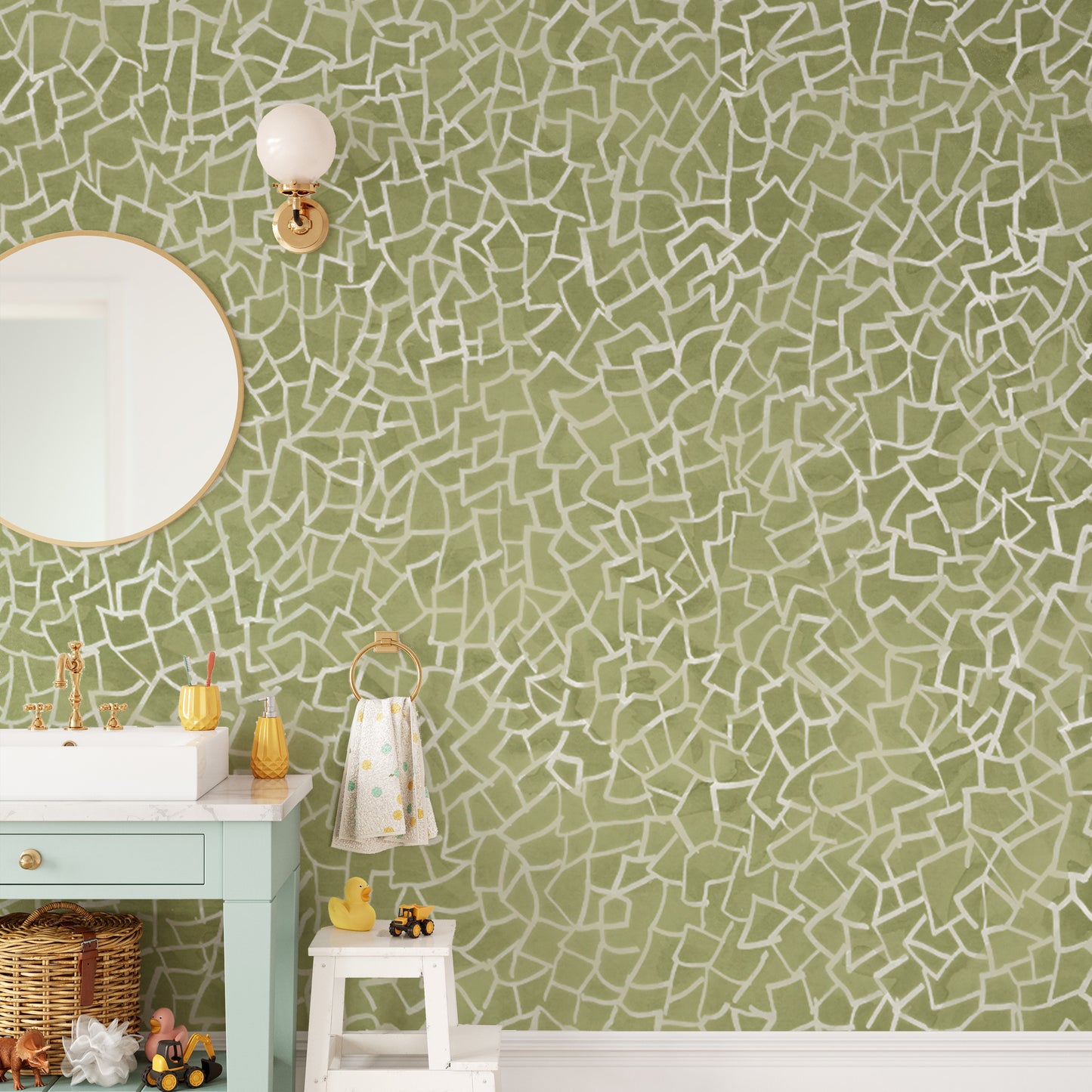 Modern green geometric mosaic wall mural with intricate lines.