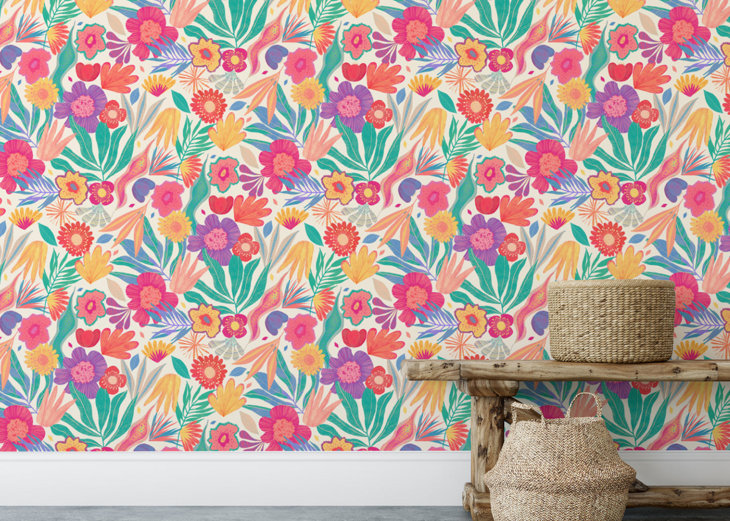 Exotic floral wallpaper mural with vibrant color palettes.