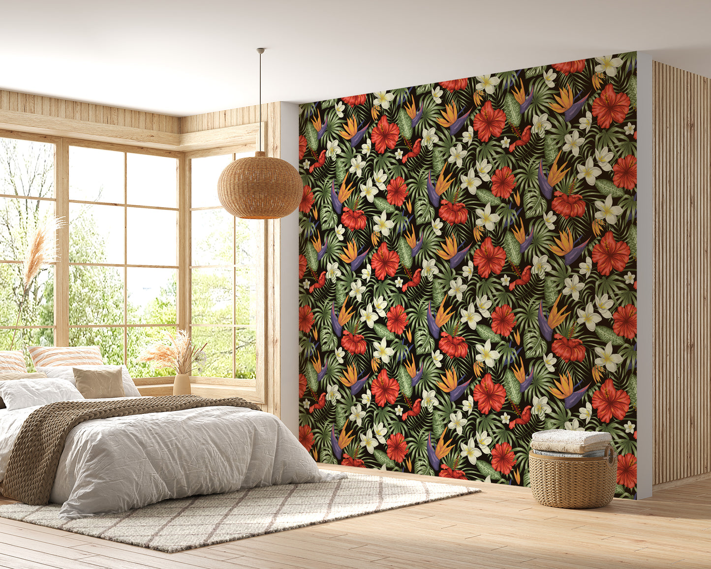 Tropical-inspired wallpaper with lush foliage