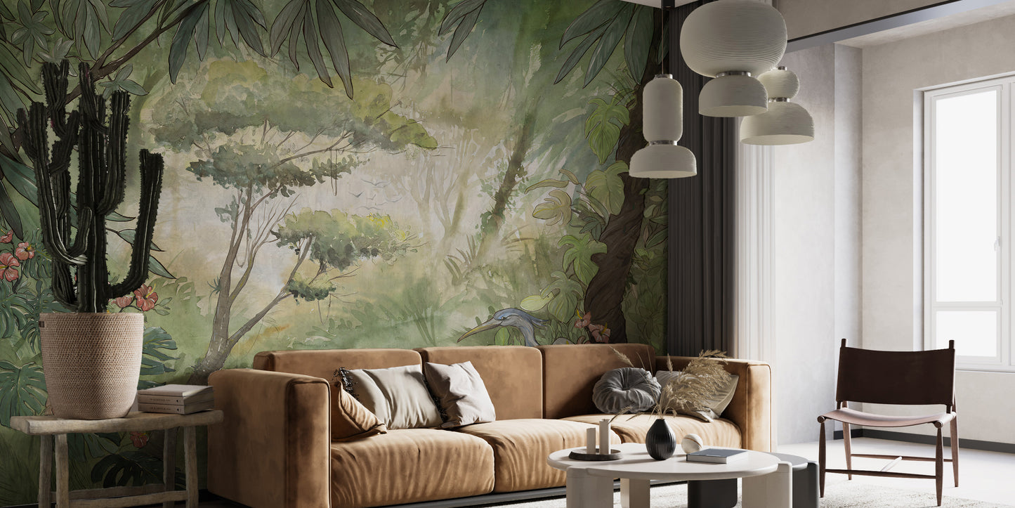 Peaceful green watercolor forest wallpaper for bedrooms