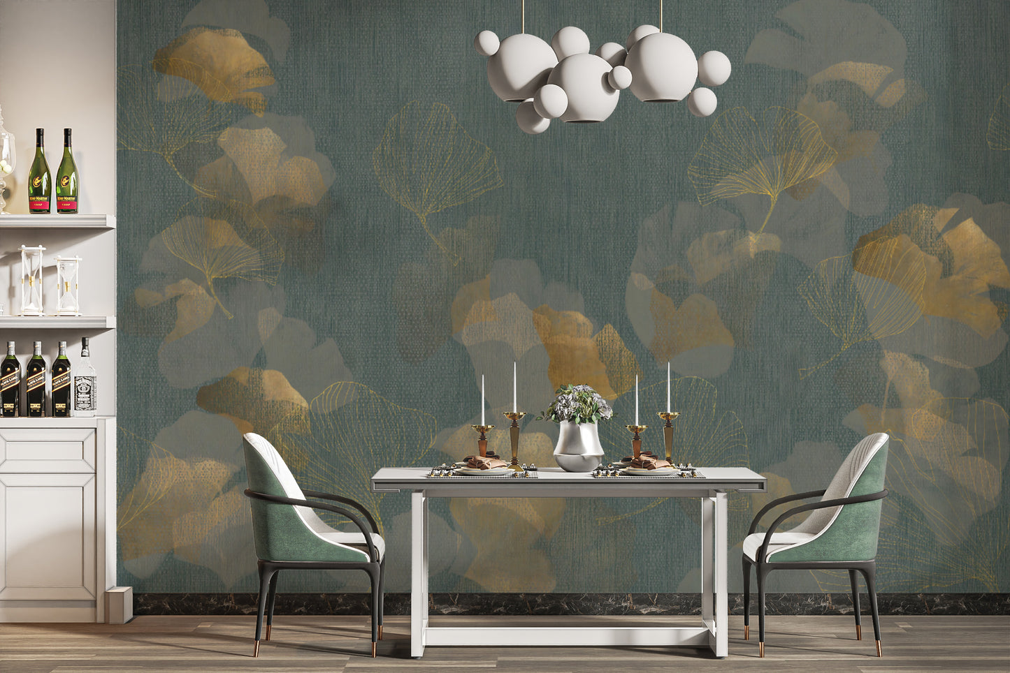 Grøn tekstureret ginkgo tapet