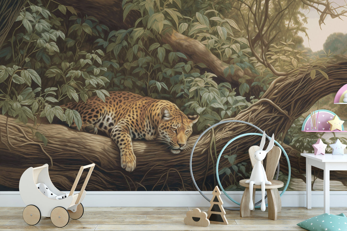 Verdant jungle wall mural with wild leopard