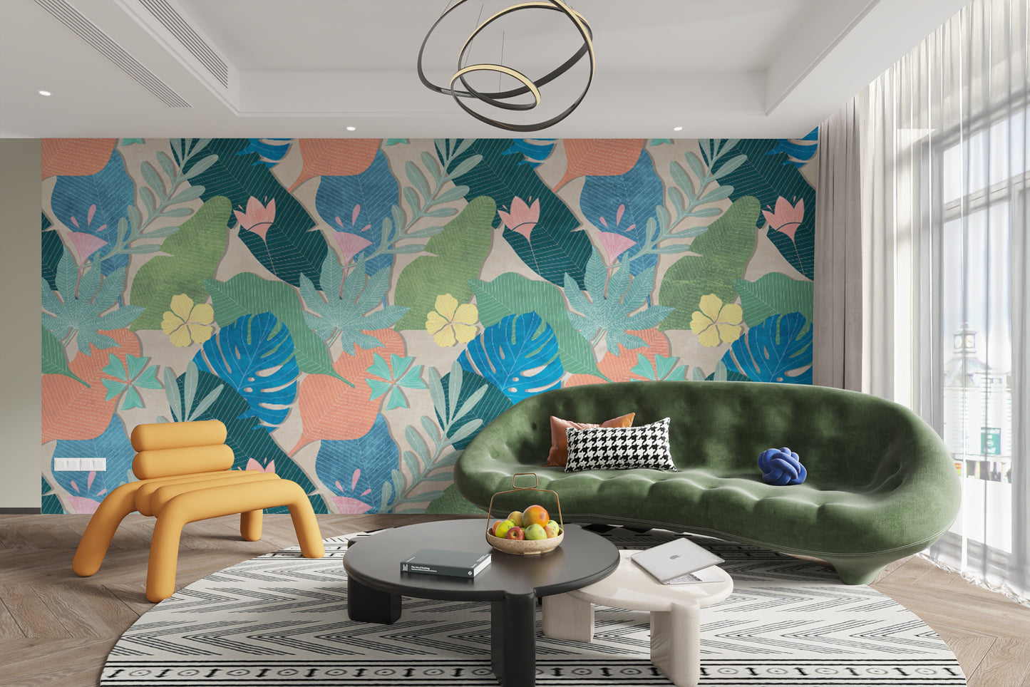 Colorful Tropical Leaf and Flower Wall Mural for Interiors
