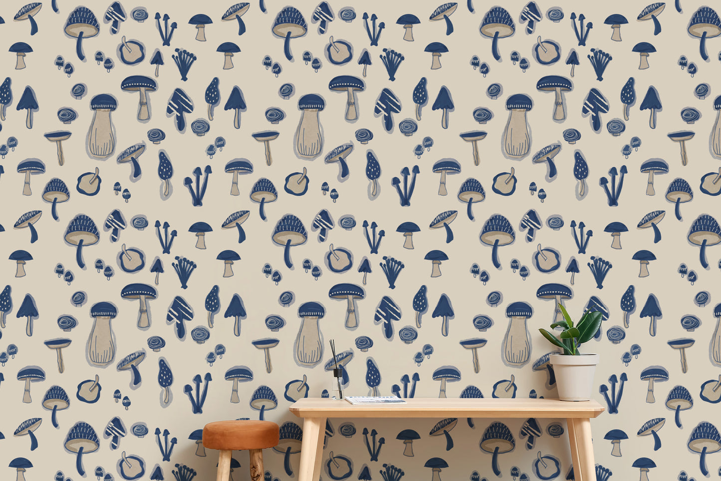 Beautiful Watercolor Mushrooms Navy Blue Wallpaper