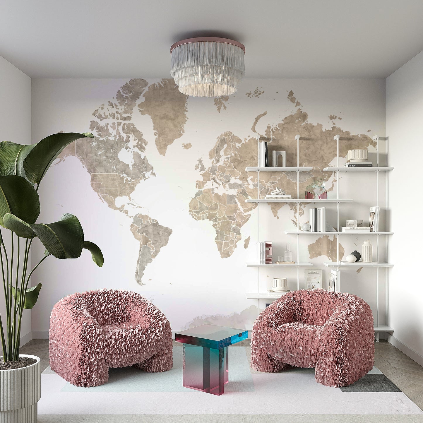 Country-outlined neutral world map for stylish learning spaces