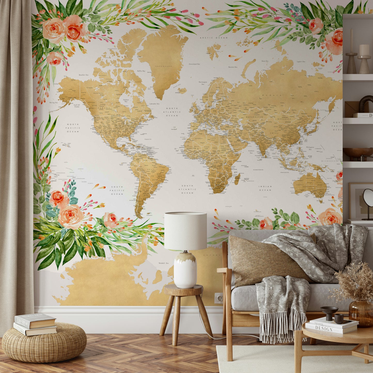 Earthy boho map wallpaper with blooming botanical style