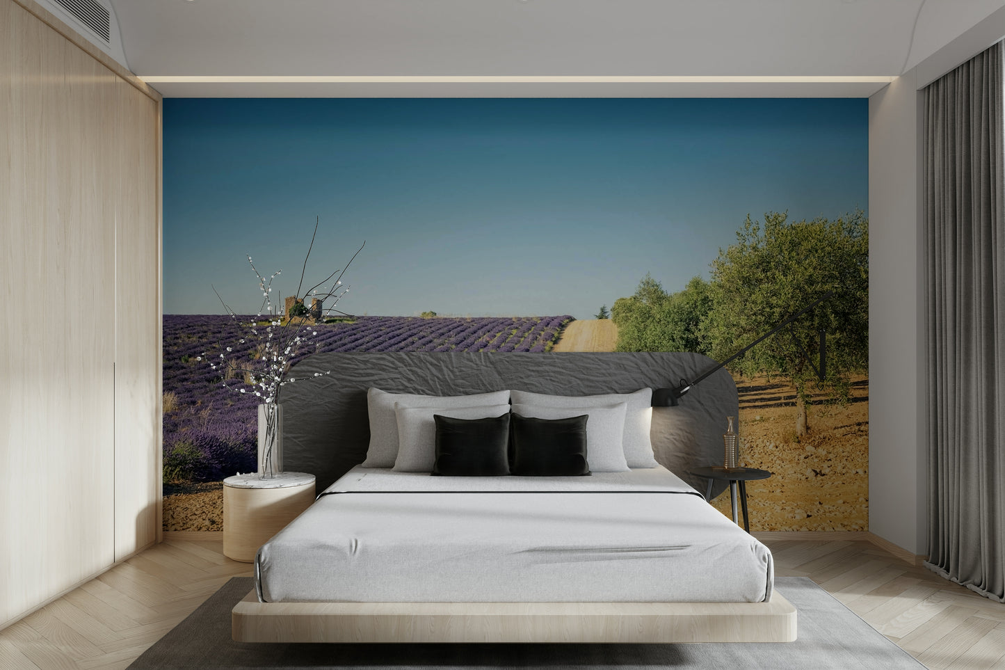 Botanical wall design with lavender blooms and olive leaves