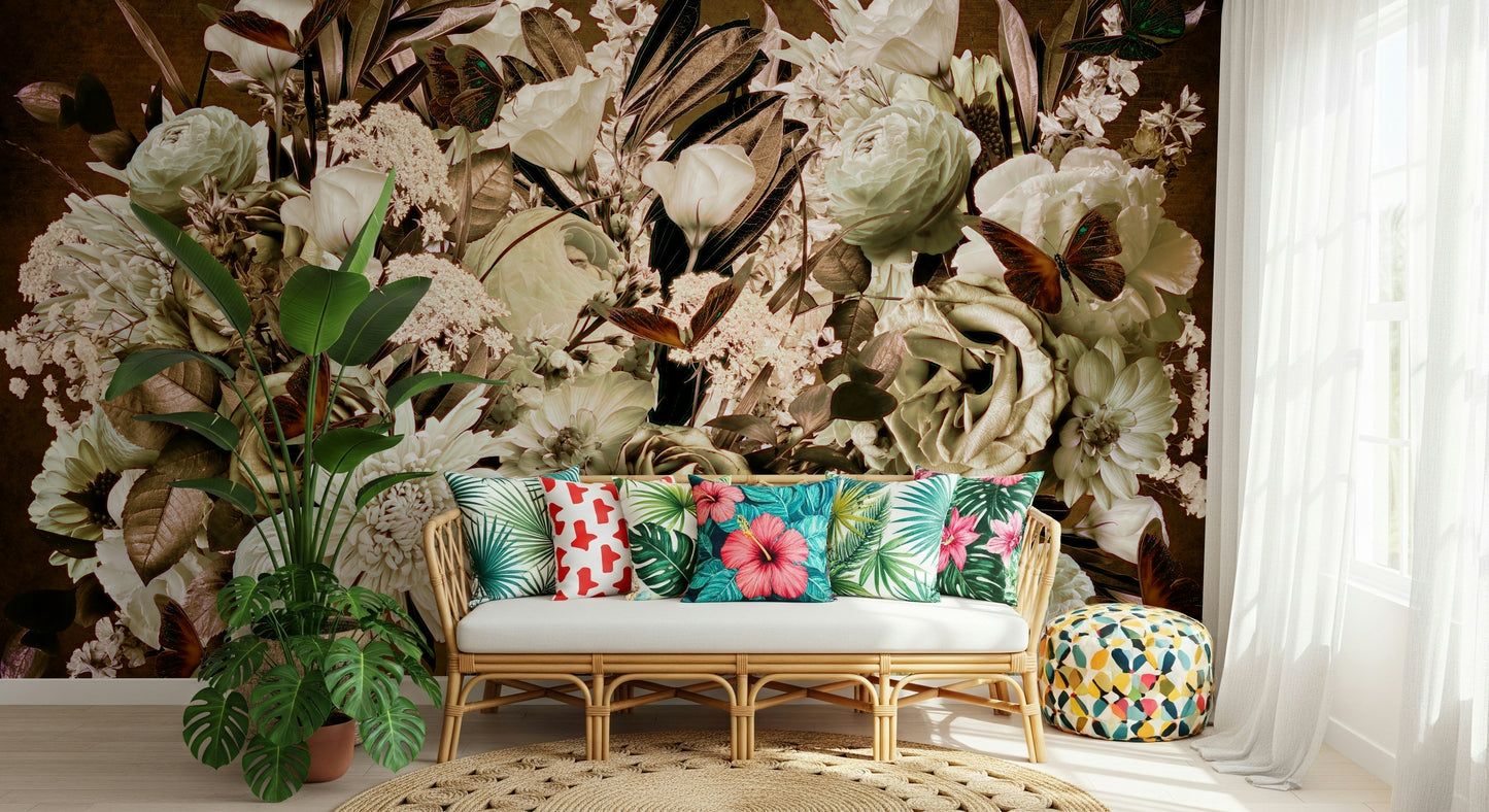 A graceful subtle bloom wall mural in soft, elegant tones.