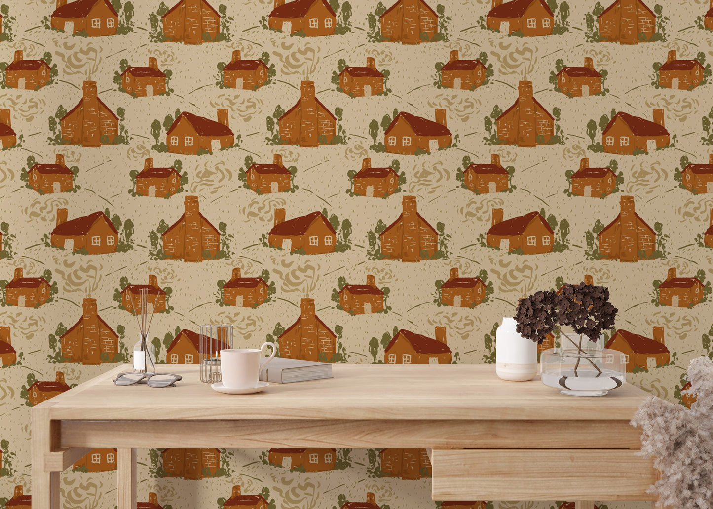Cozy cottages wallpaper mural for a nostalgic, storybook charm.