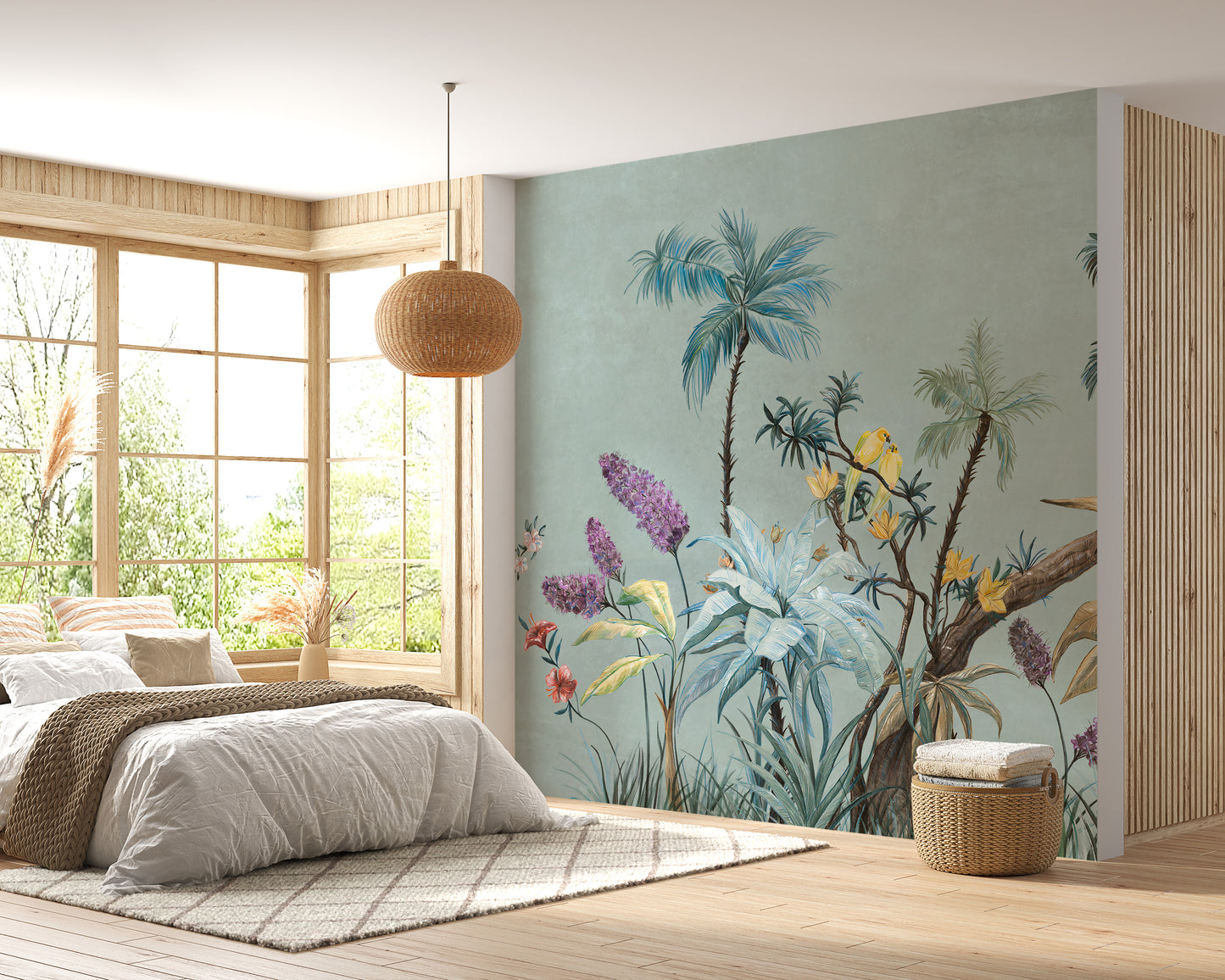 Minimalist boho flowers wallpaper with serene green hues.