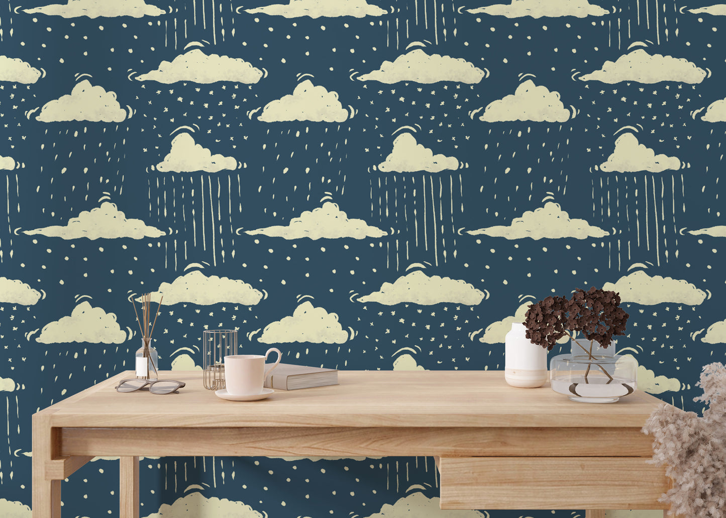 Sophisticated blue sky and rainy clouds mural for modern spaces.