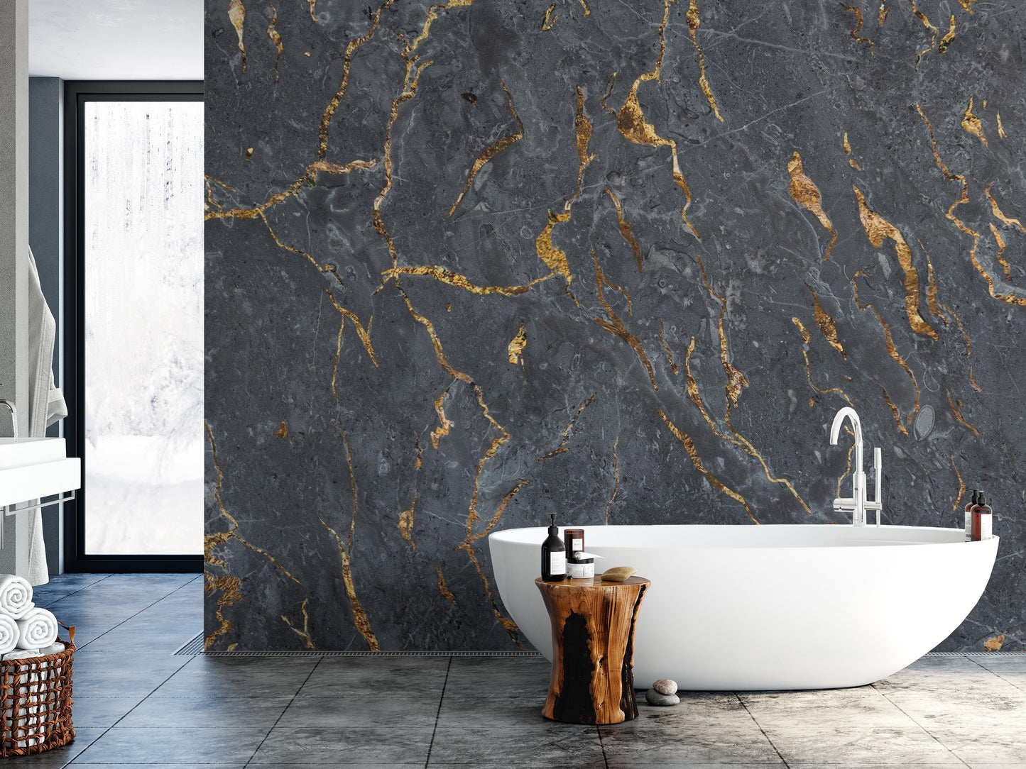 Unique black marble wallpaper for modern bathroom walls
