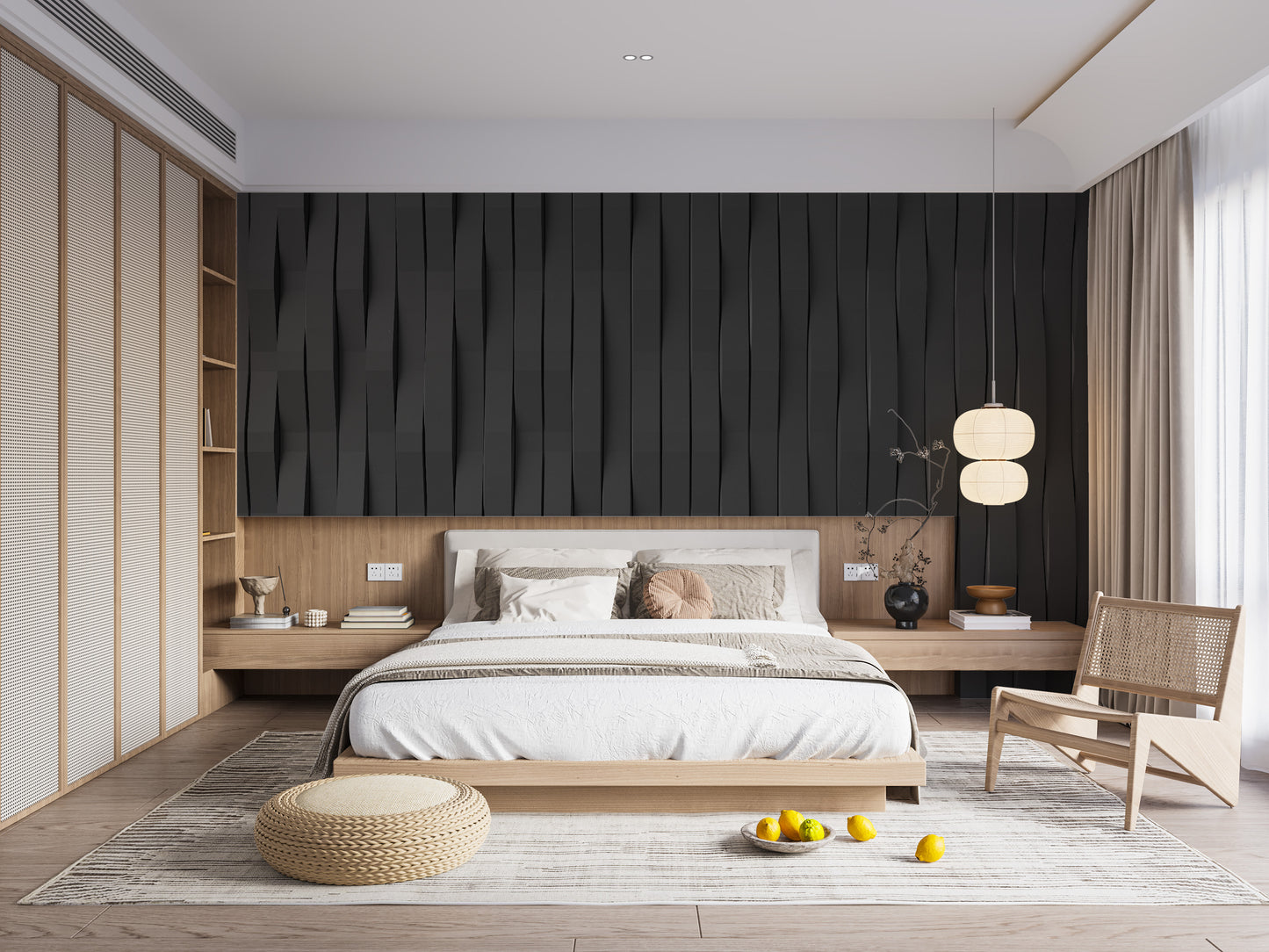 Stylish black tiled mural adds depth to interior spaces