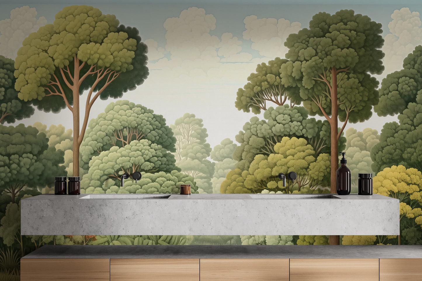 Timeless green natural woodcut forest wallpaper for a rustic yet modern vibe.
