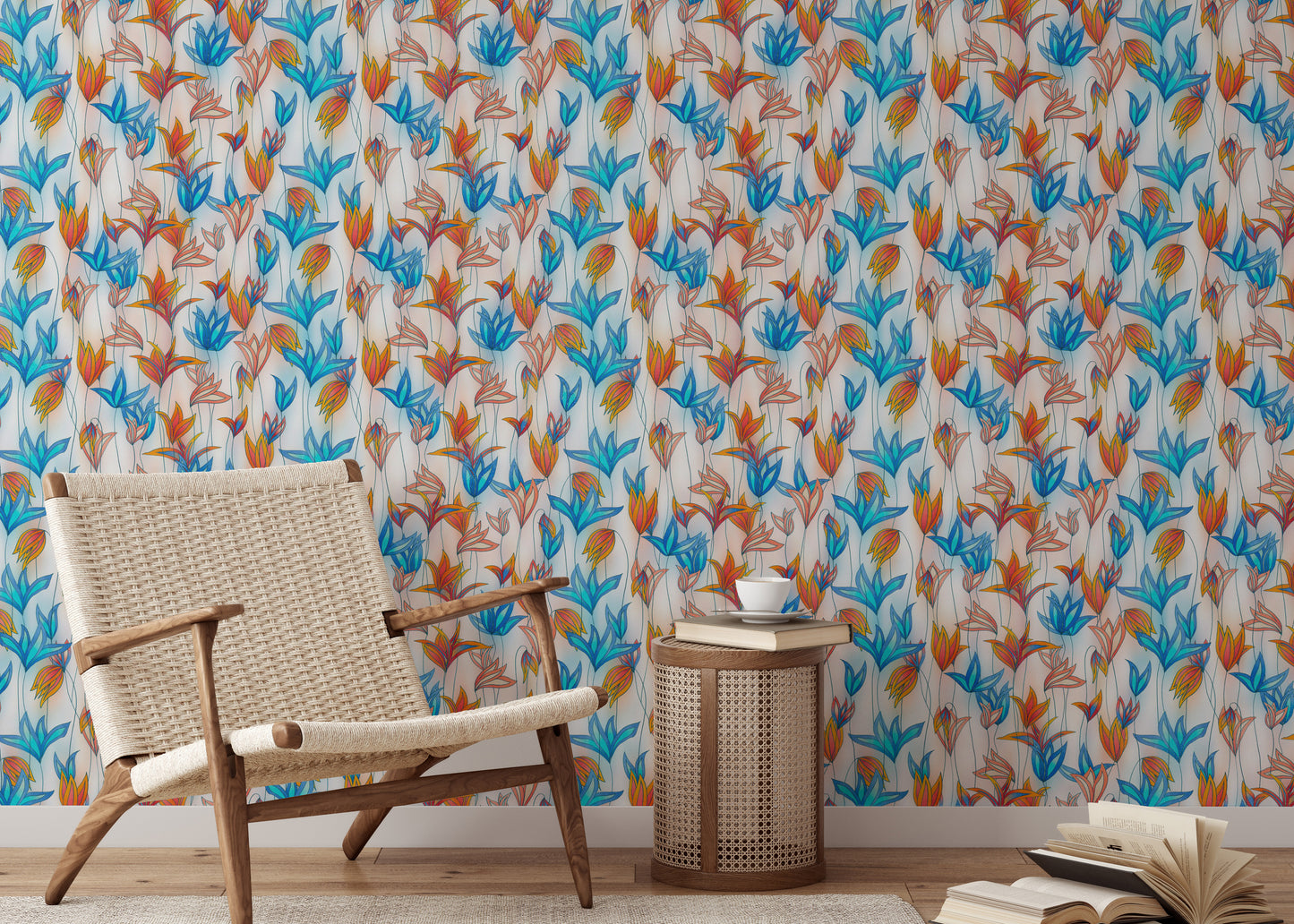 Store fed vilde blomster hvidt tapet