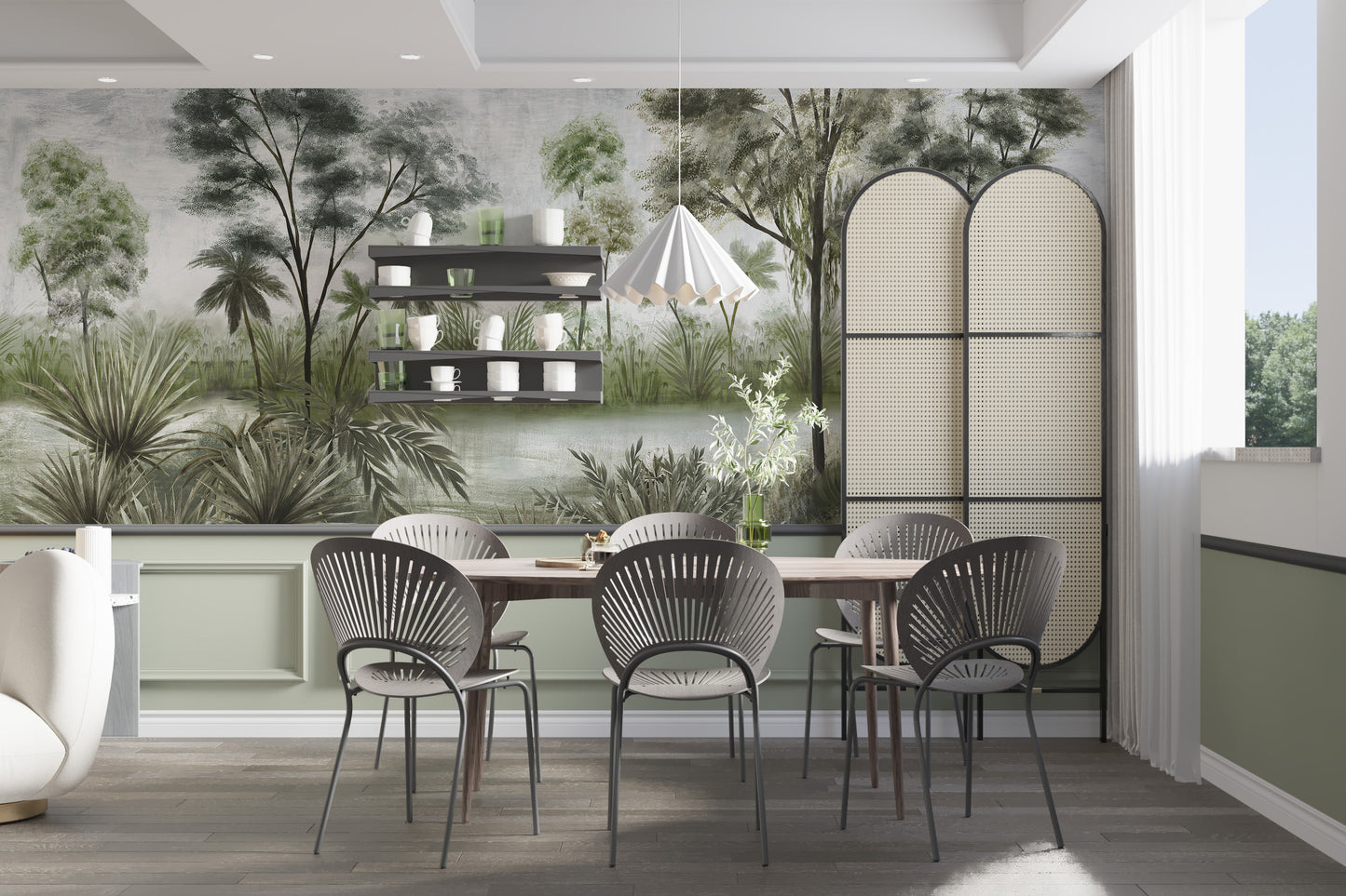 Scenic hazy forest tones wall mural design