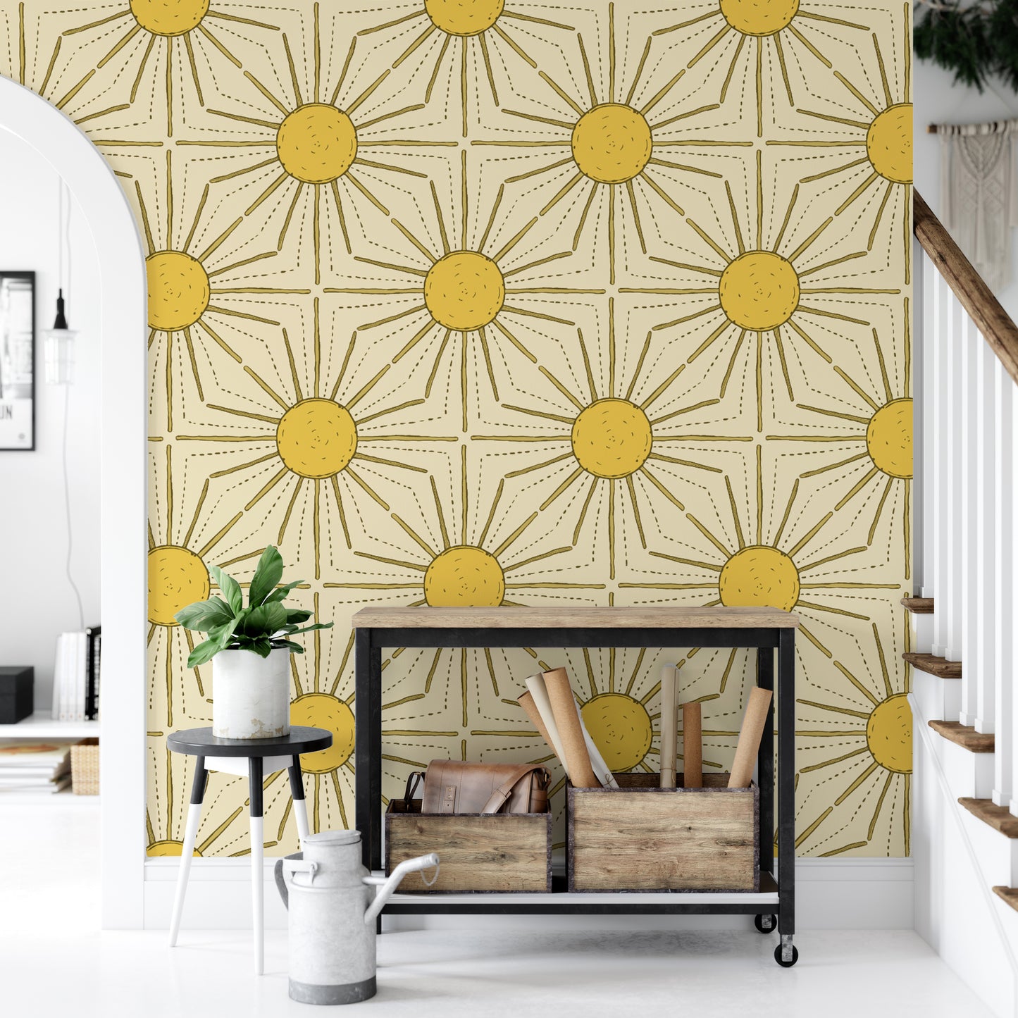 Sun-inspired yellow peel and stick wallpaper for sunny vibes.