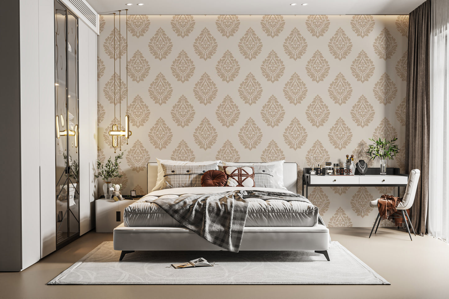 Beige damask repeat wallpaper for traditional Victorian interiors.