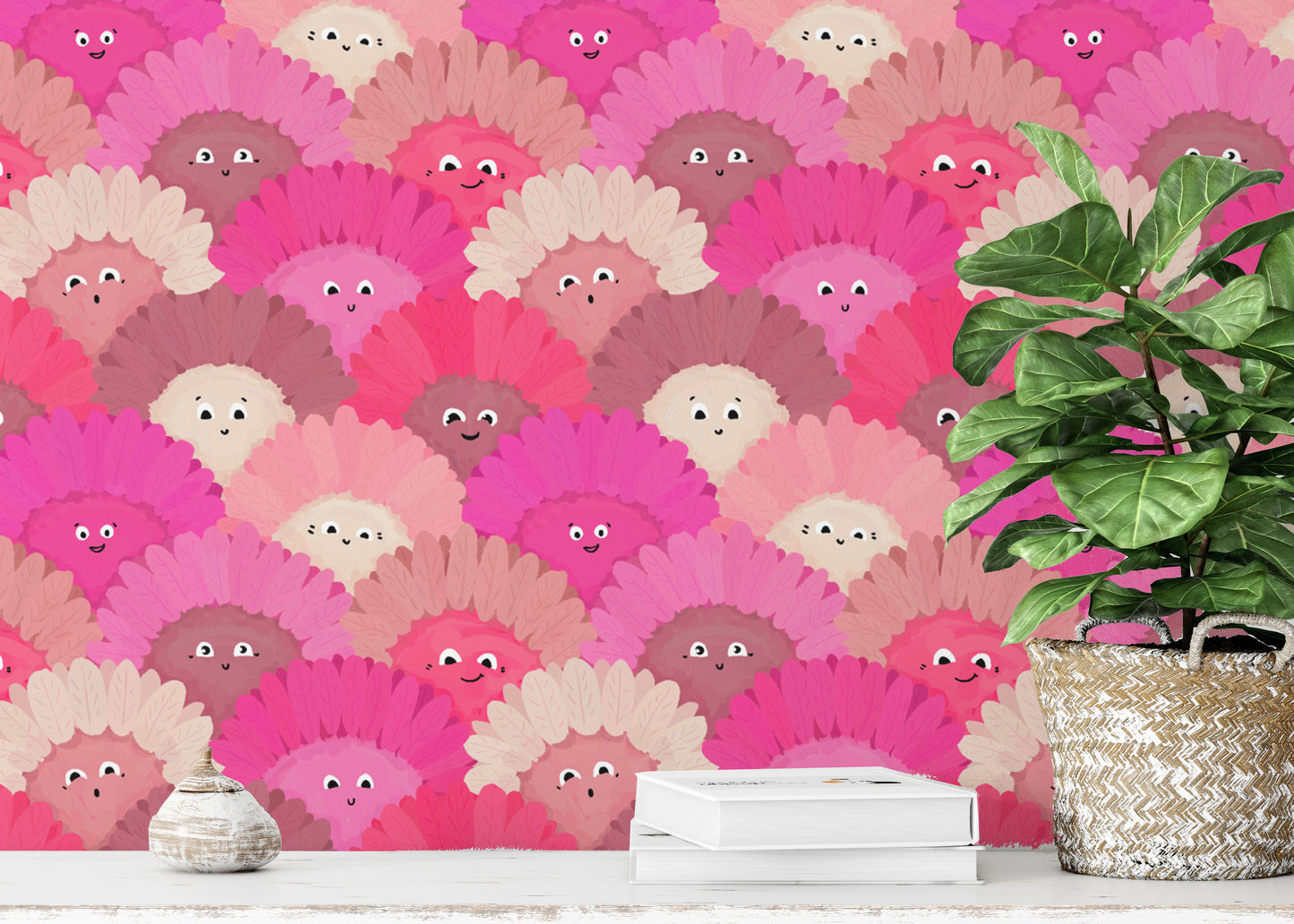 Playful flower faces wallpaper in pink for a delightful touch.