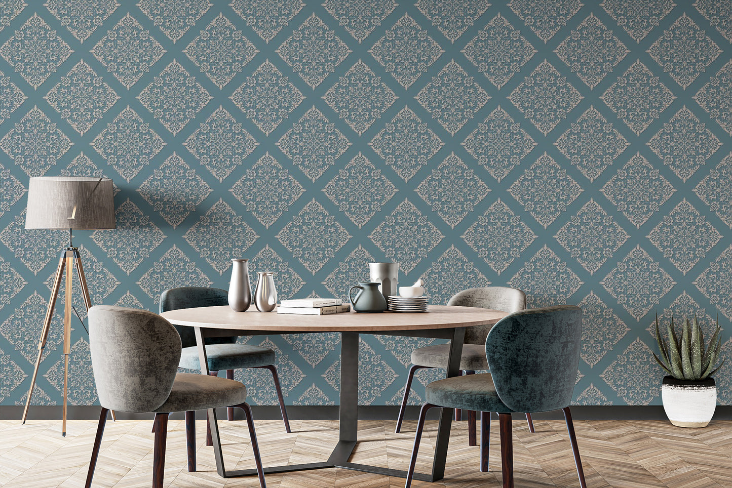 Easy-to-apply blue damask wallpaper mural