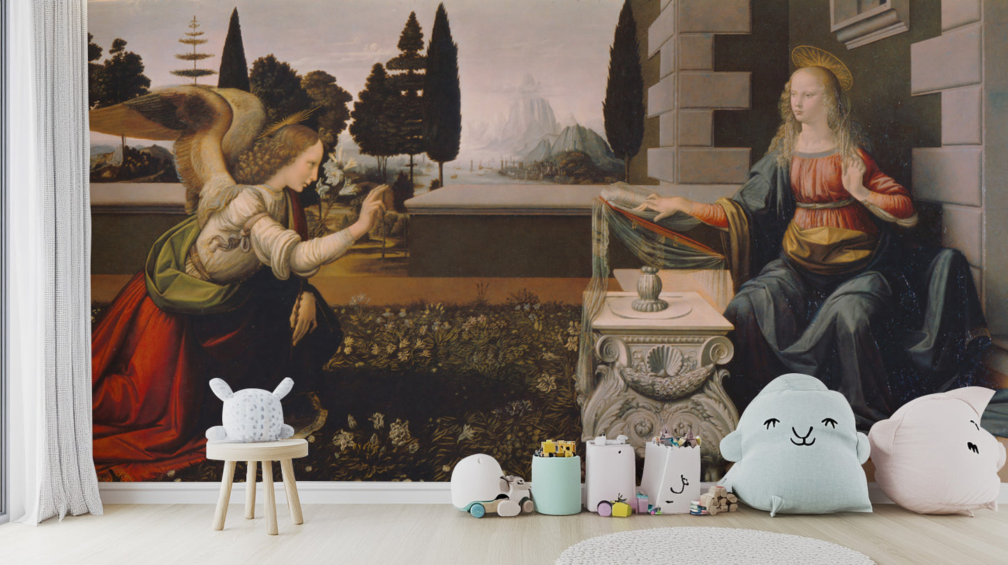 Artistic Annunciation mural inspired by Leonardo's masterpiece.