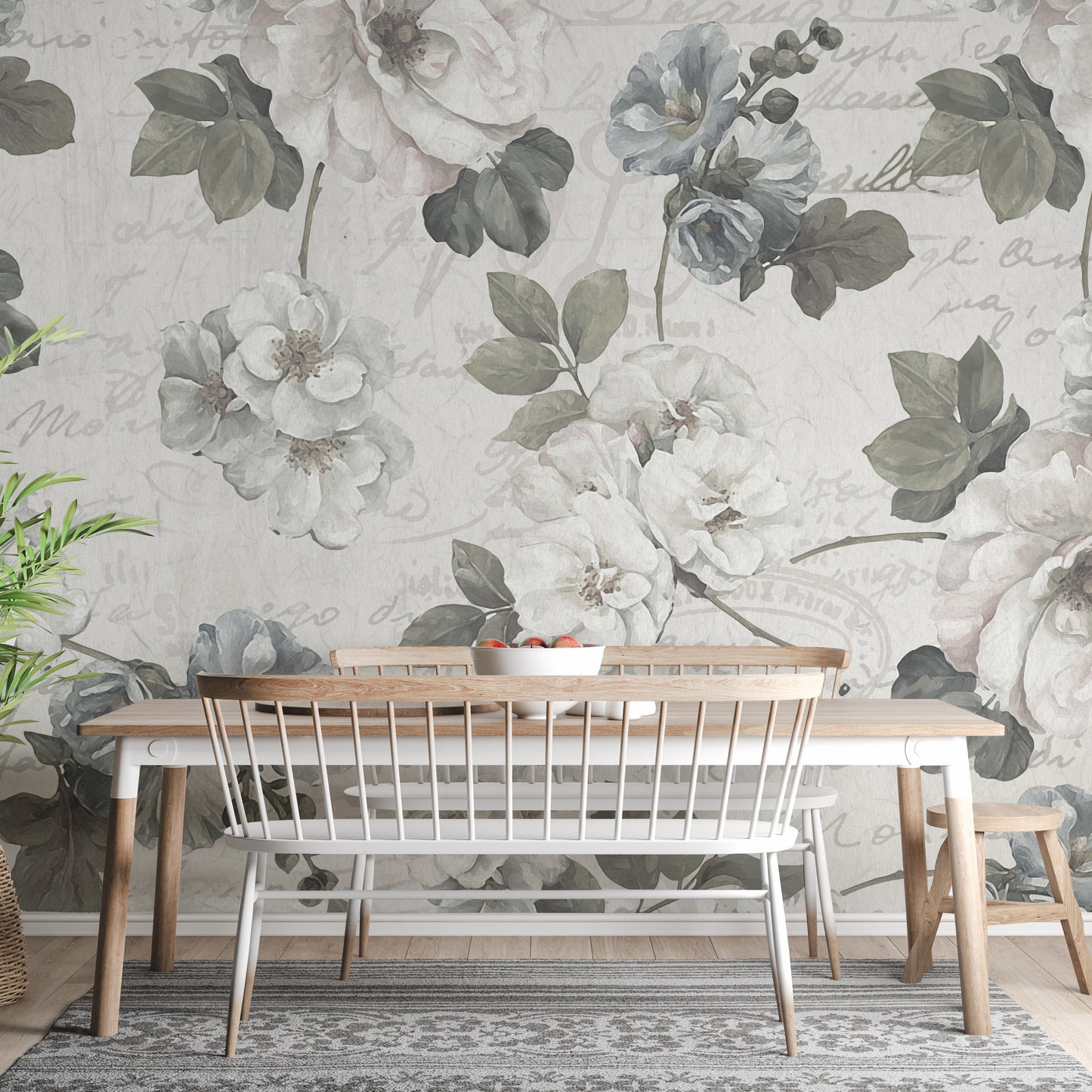 Decorative white abstract flower mural