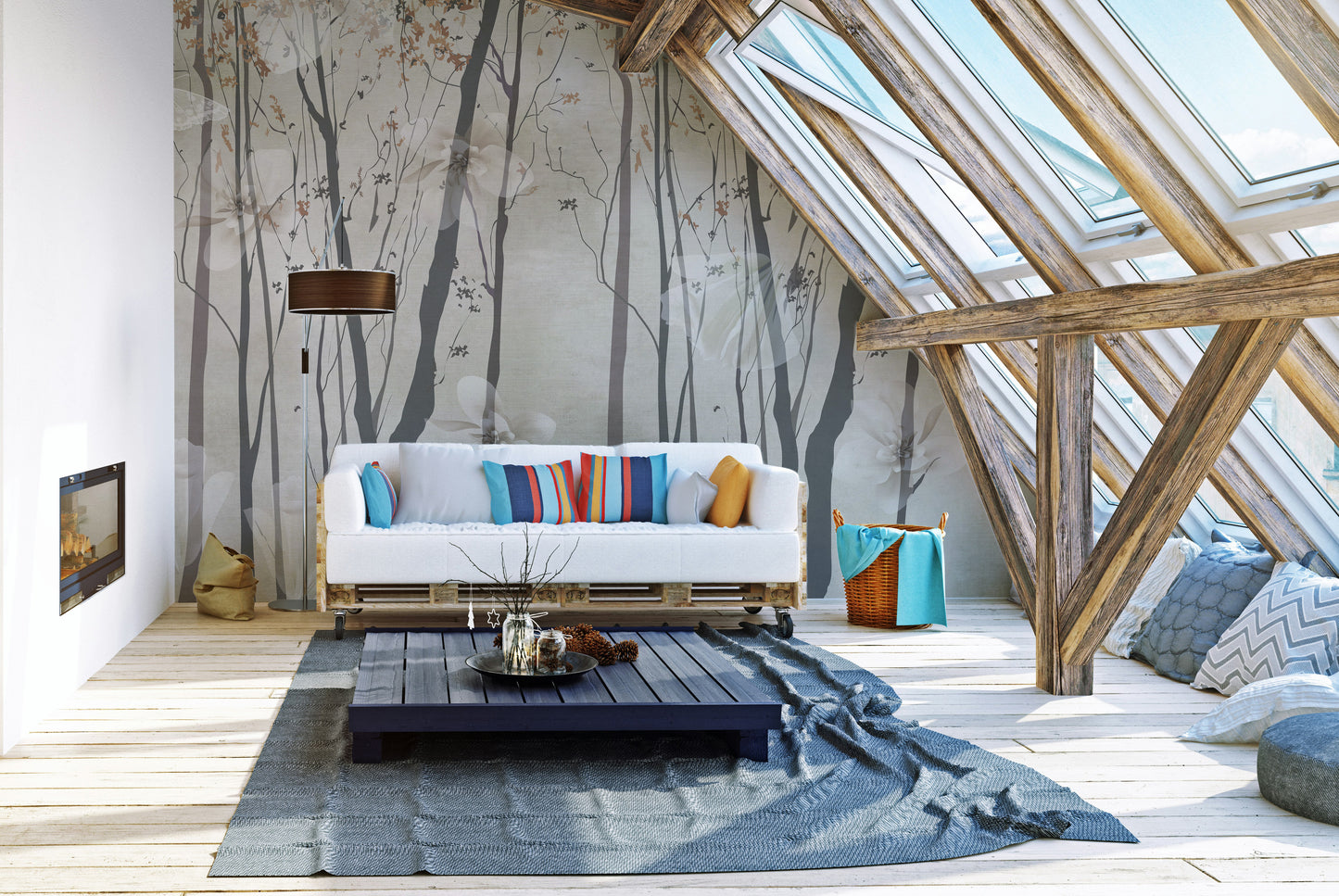 Gentle woodland mural in beige tones