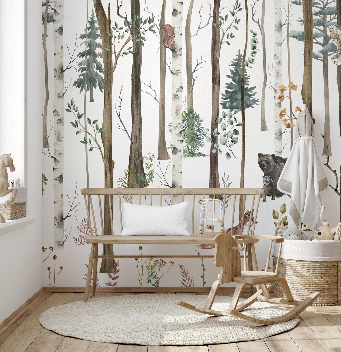 Calm snowy forest wallpaper with animals