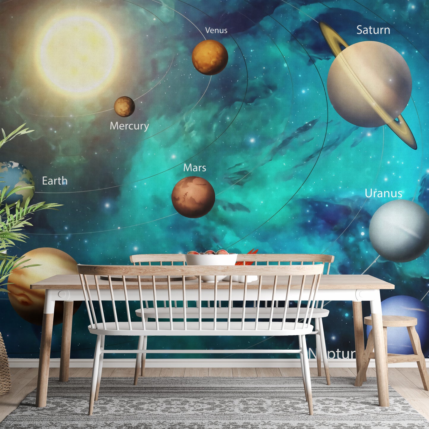 Planet-themed wallpaper for kids’ interiors