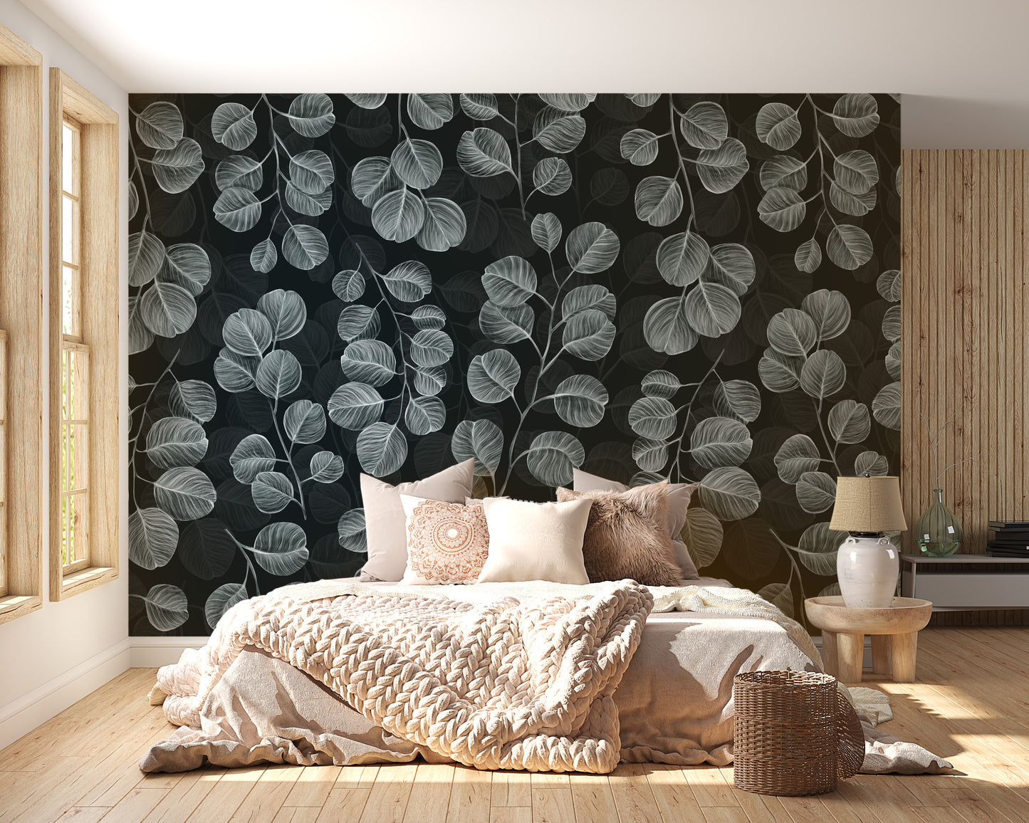 Eucalyptus leaves mural in calming gray
