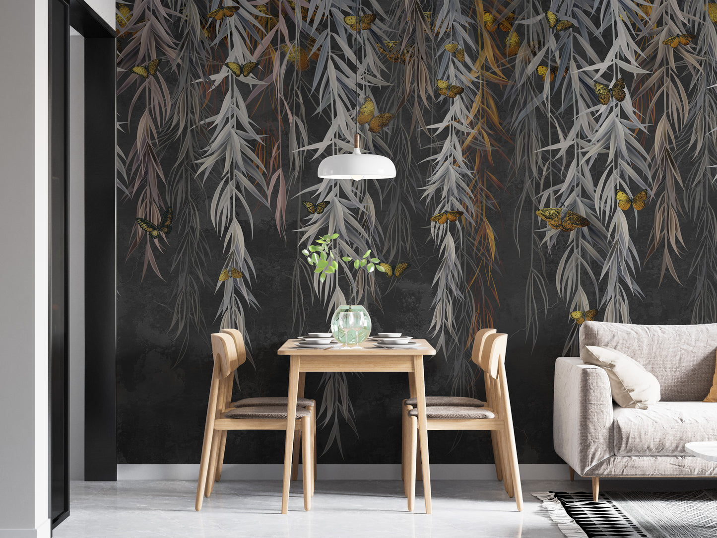 Hanging Willow Leaves and Butterflies Wallpaper Mural - Giffywalls