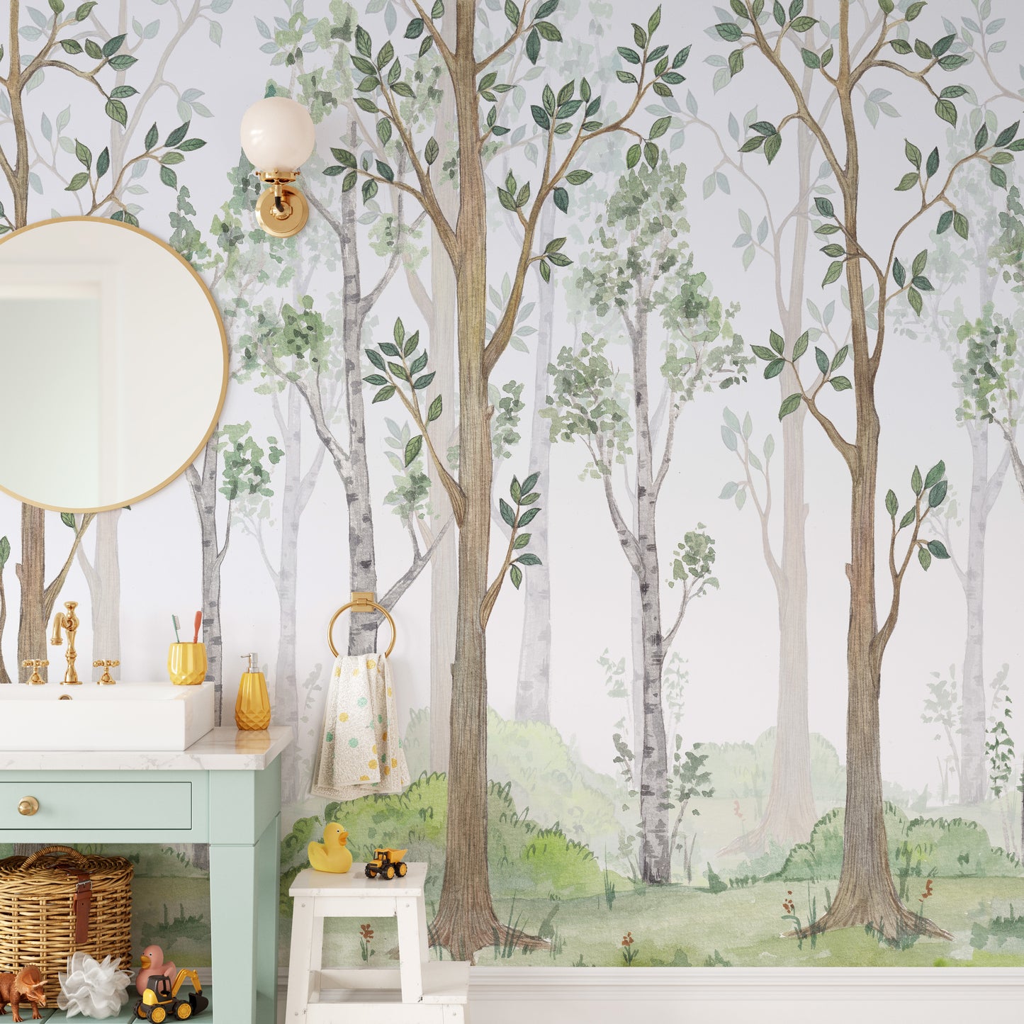 Nature-inspired forest green watercolor wallpaper for rooms