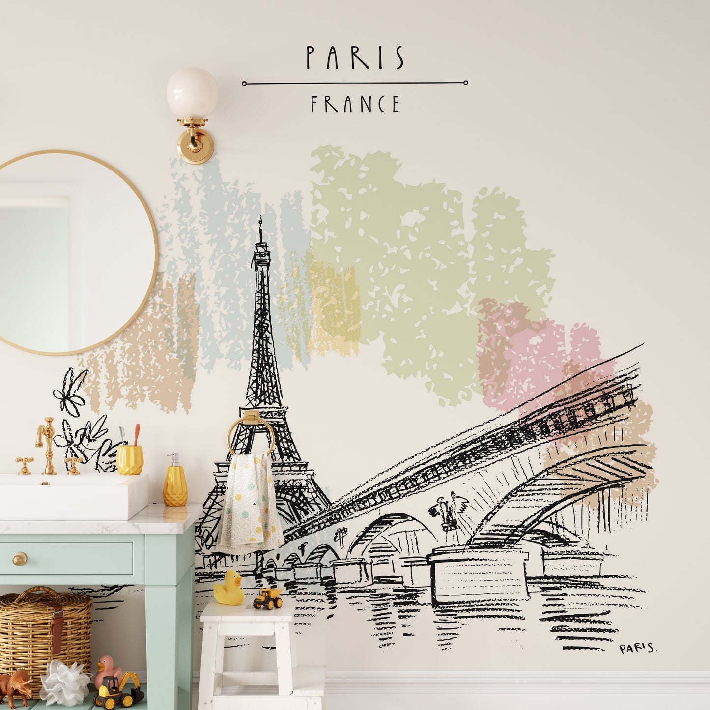 Parisian-themed wall mural with Eiffel Tower