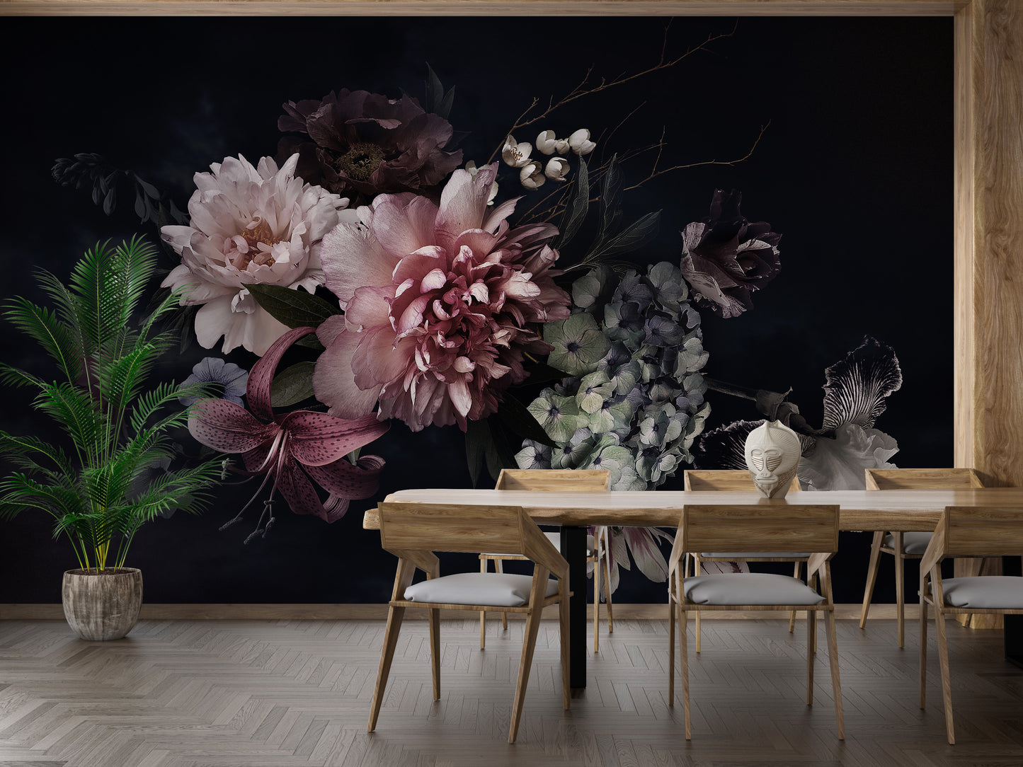 Dark vintage wallpaper with floral bunch decor