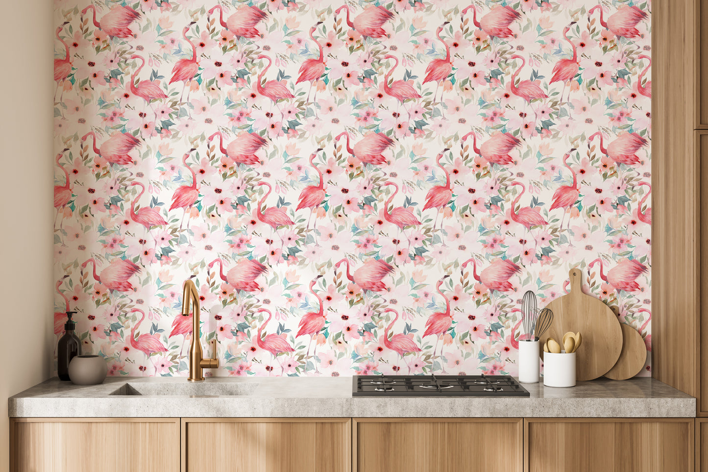 Gentle pastel flamingo wall mural idea