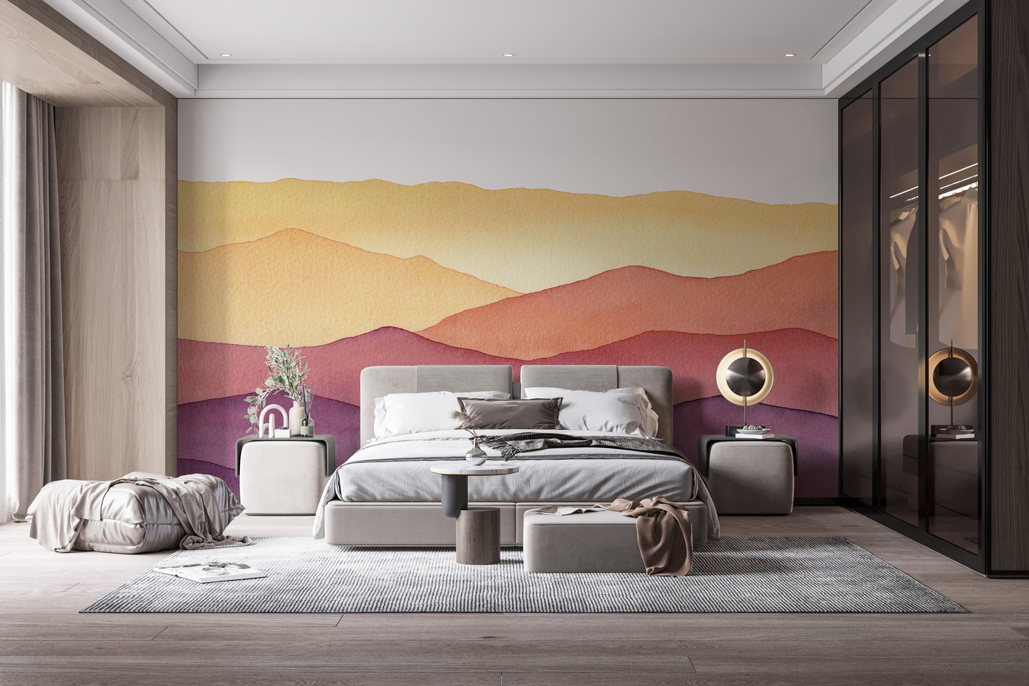 Dreamy mountain wall design in watercolors