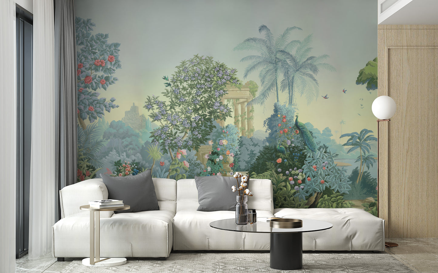 Vibrant mural featuring peacocks and flowers