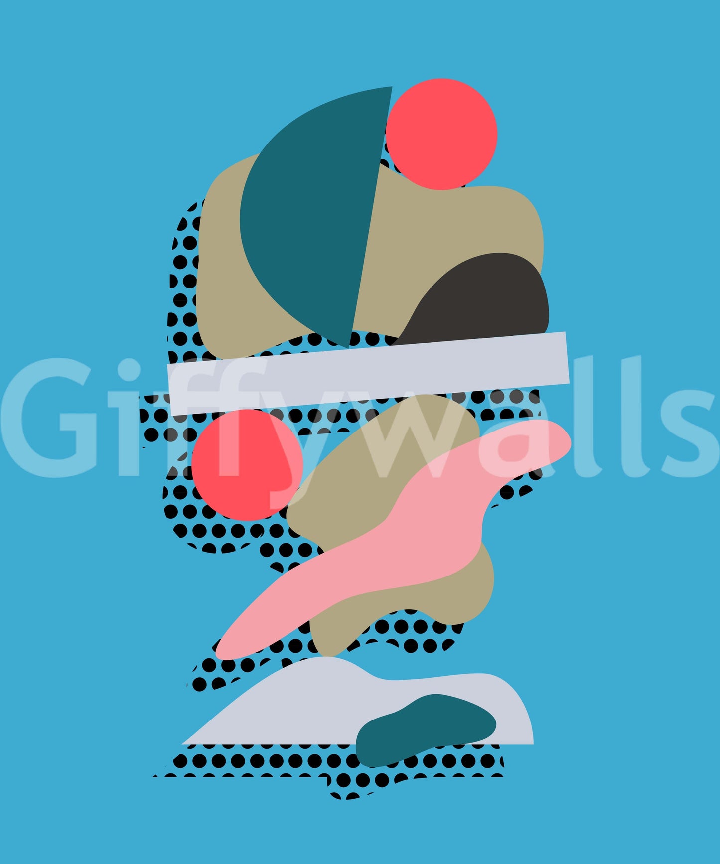 A colorful balanced-forms wallpaper blending curves, blocks, and dotted elements in a modern style.