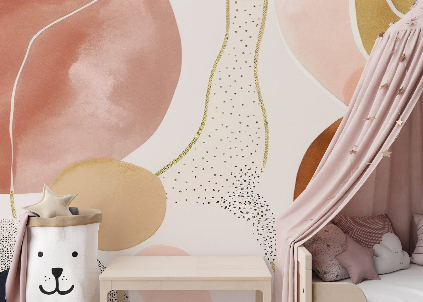 Mural abstract de aur și perete artistic roz