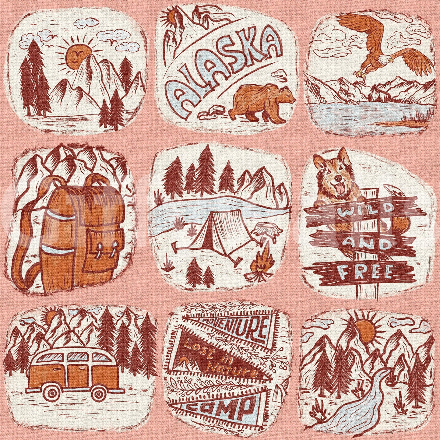Adventure wallpaper mural with sketchy wilderness designs, including tents, mountains, and animals.