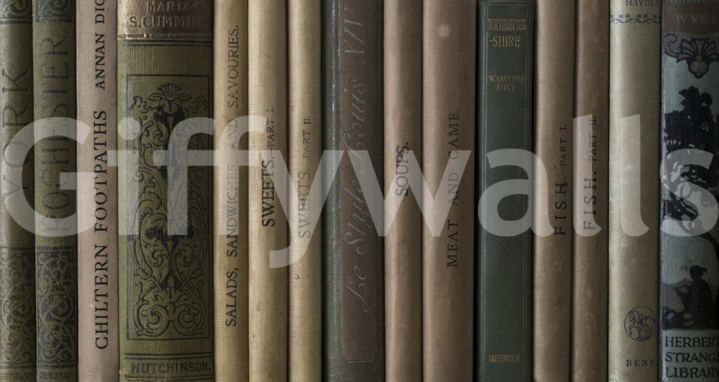 Antique literature mural displaying distressed book covers and ornate spine designs.