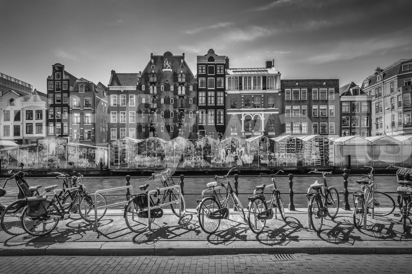 Calm monochrome mural of Dutch architecture and water