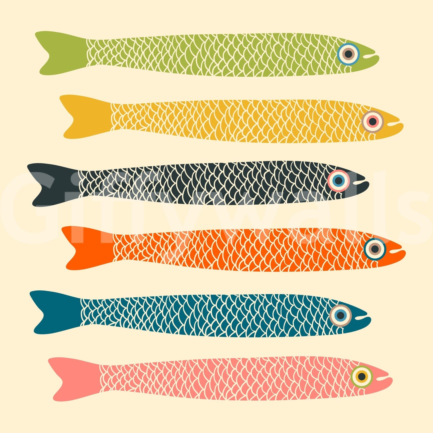 Vintage-inspired fish wall mural for kitchens and dining rooms.
