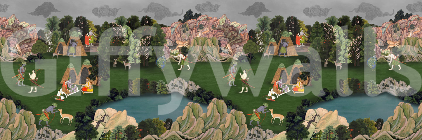 Green Wallpaper designed with classic forest scenery