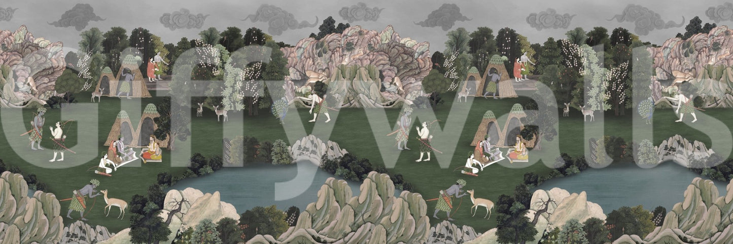 Nature-themed wall mural with traditional art details and serene scenery