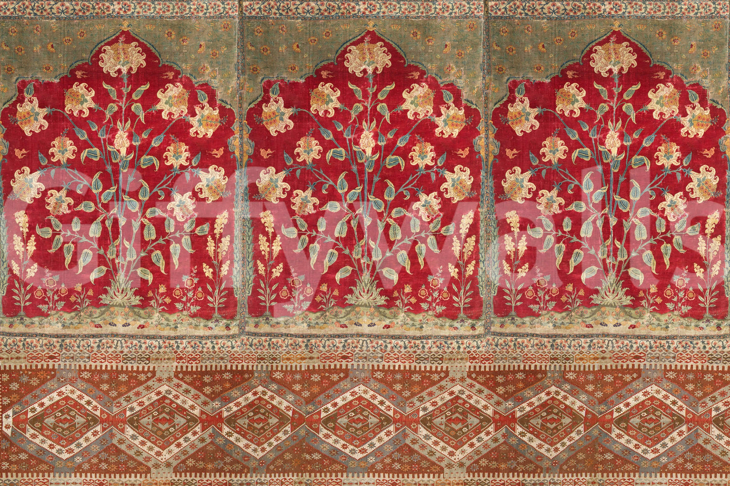 Faded floral wallpaper for a feature wall in a contemporary kitchen diner.