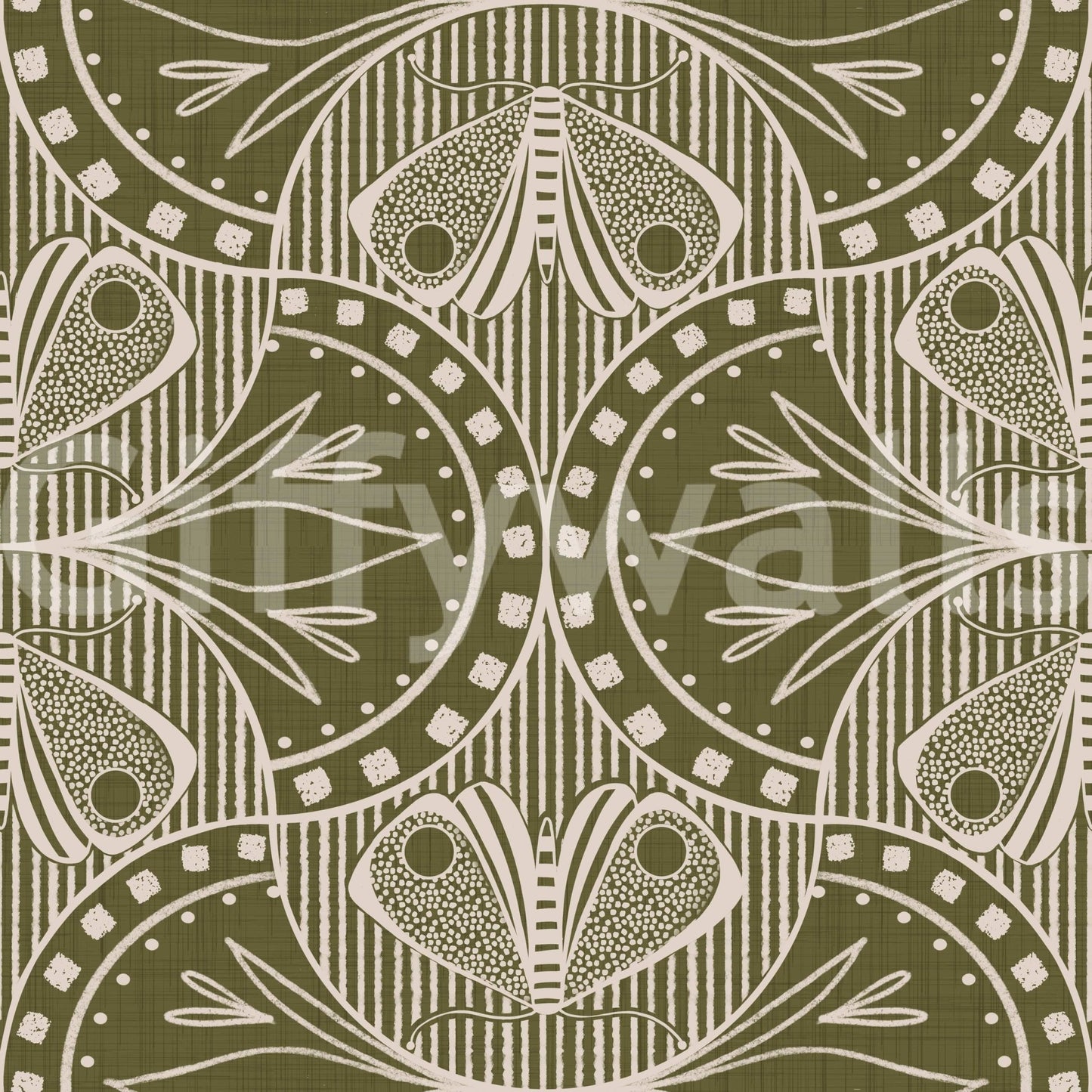 Artistic butterfly and vine wallpaper, curvilinear lines, striking sage hue.