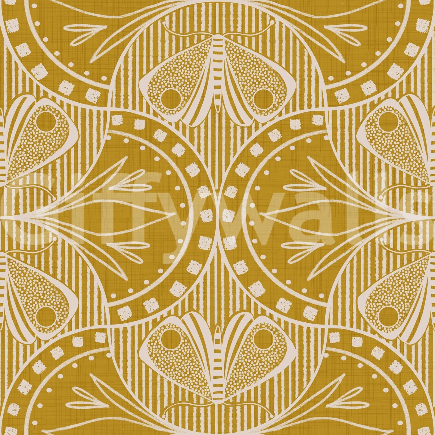 Classic period wallpaper for walls, gentle curving shapes, elaborate yellow tone.
