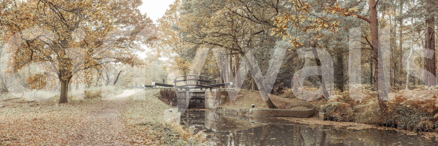 Contemporary bedroom with Canal's Embrace mural, soft color canal artwork
