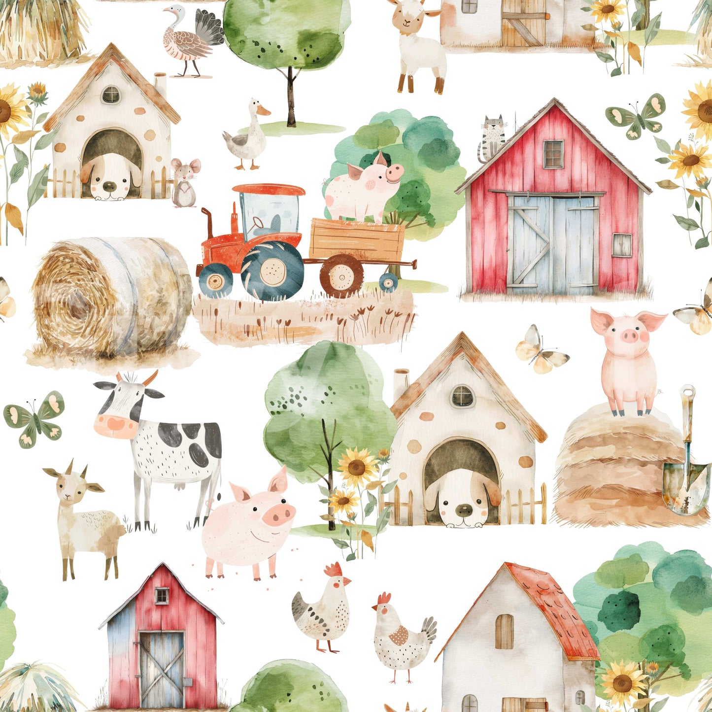 Adorable Barnyard Buddies wall mural, rustic red barn, friendly livestock, rural setting.